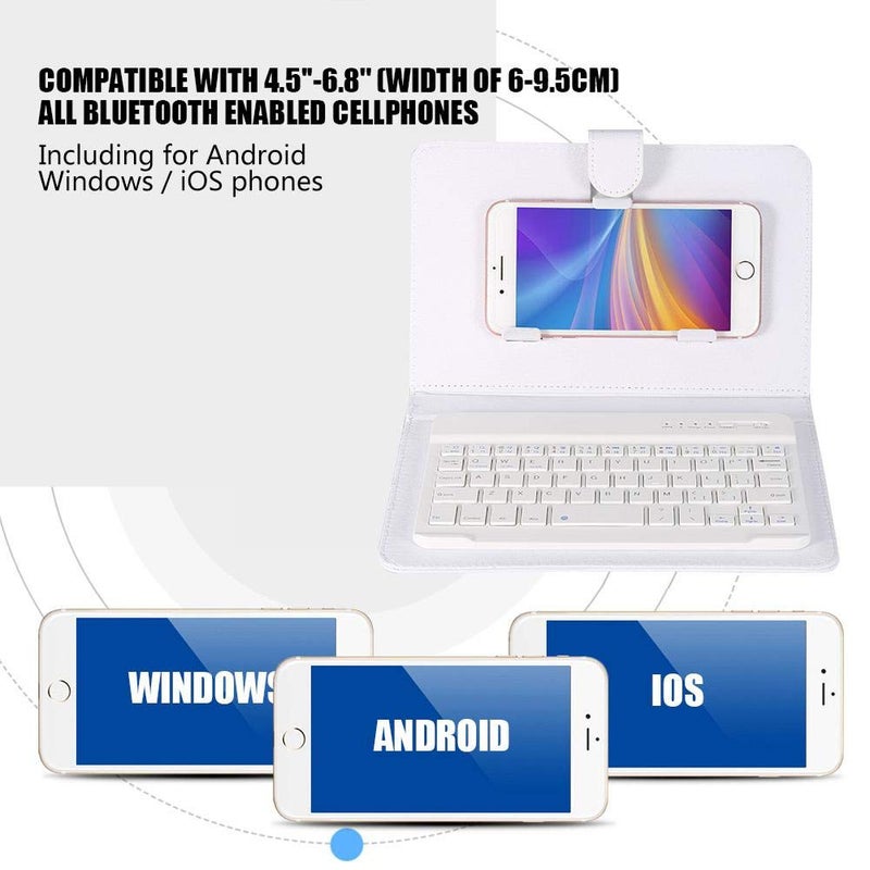 fosa Bluetooth Keyboard with Portfolio Flip Leather Case Cover Detachable Keyboard for 4.5'' 6.8'' iOS, Android and Smart Phones White - Image 2